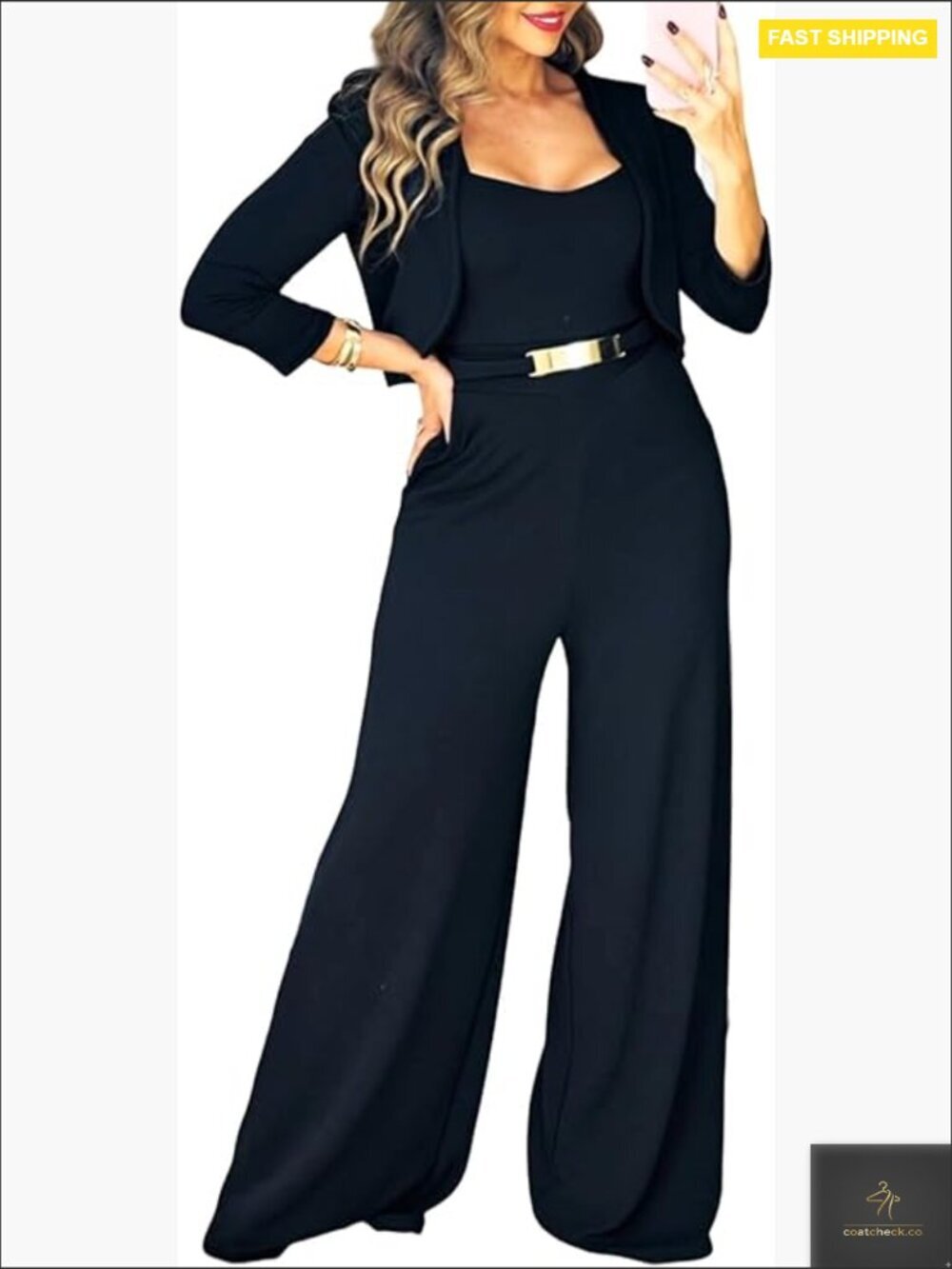 Two Piece Jumpsuit Set with Crop Coat Thick Strap Metal Waist Casual Chic